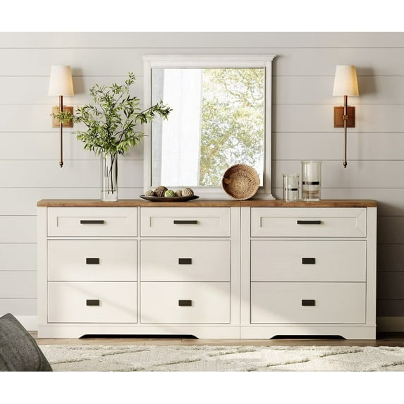 2 in 1 Dresser with 9 Drawers for Bedroom, Wooden Dressers with Small Chest of Drawers, Mid Century Modern Dresser with Metal Handles for Liviing Room, Hallway, White