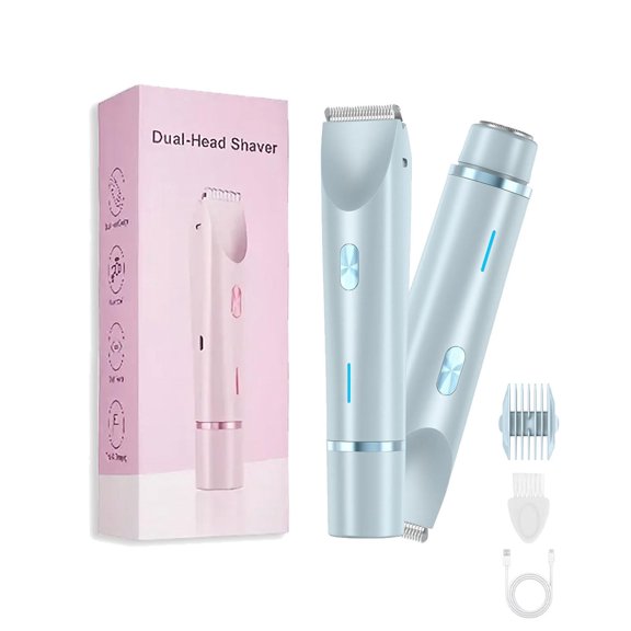 2 in 1 Electric Bikini Shaver & Trimmer for Women - Washable Dual Head Razors with Ceramic Blades, USB Rechargeable Hair Removal for Private Areas, Facial, Pubic & Body Hair