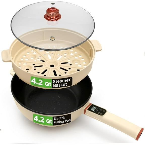 2 In 1 Electric Frying Pan & Steamer 8 Quarts Portable Non-Stick Skillet for Cooking Durable Heat Safe Handle Touch Control Panel 7 Cooking Functions & Electric Hot Pot White