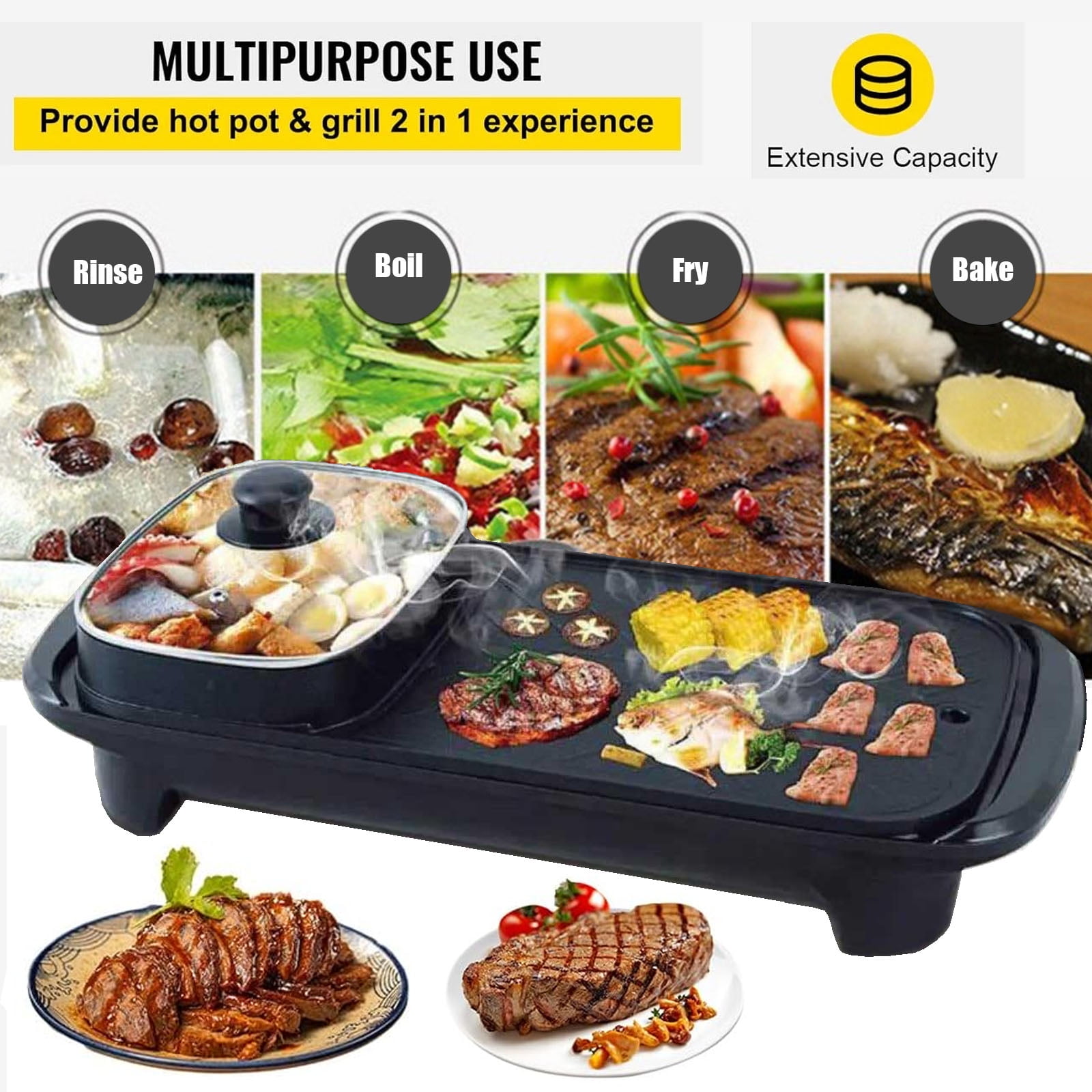 2 in 1 Electric Hot Pot and Grill, 1200W Non-Stick Smokeless Multifunctional Teppanyaki Grill Pot with 5 Temperature Control, Shabu Shabu for Indoor Korean BBQ, Black