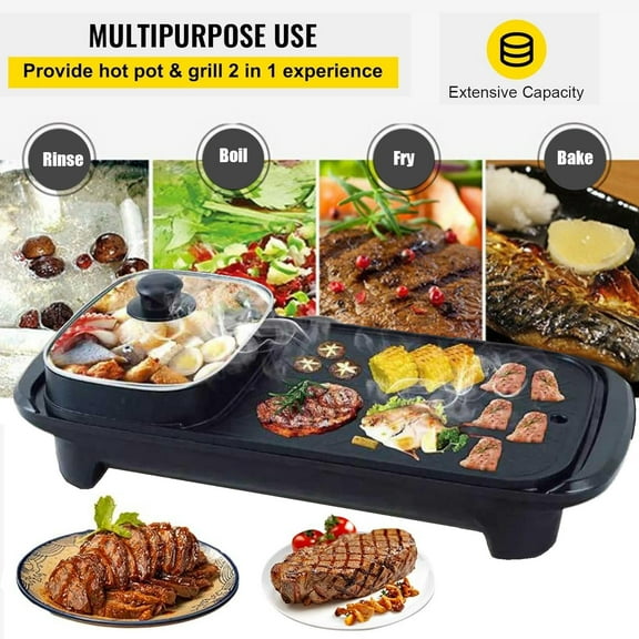 2 in 1 Electric Hot Pot and Grill, 1200W Non-Stick Smokeless Multifunctional Teppanyaki Grill Pot with 5 Temperature Control, Shabu Shabu for Indoor Korean BBQ, Black