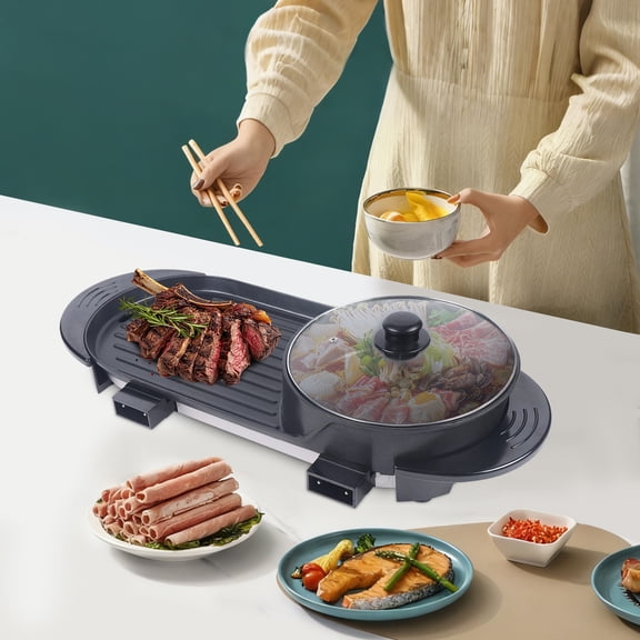 2 In 1 Electric Pan Hot Pot BBQ Frying Cook Grill Kitchen Barbecue Machine 110V Multifunctional Teppanyaki Barbecue Set Indoor Large Capacity Non-Stick