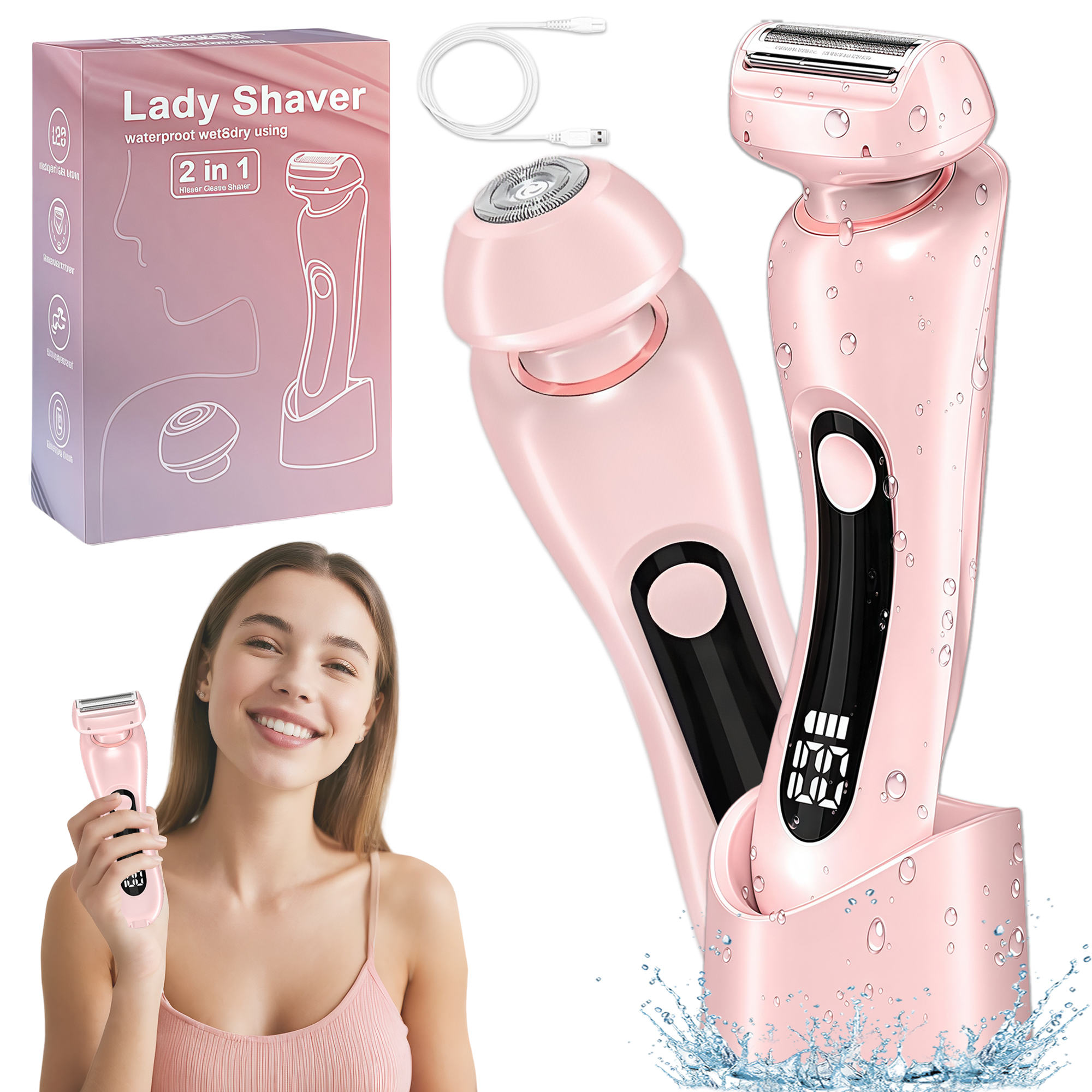 2 in 1 Electric Shaver for Women Wet Dry Dual Use IPX7 Waterproof with LED Display USB Recharge Dock Dry Use Body Hair Trimmer and Facial Hair Remover for Bikini Underarm Leg Arm Face (Pink)