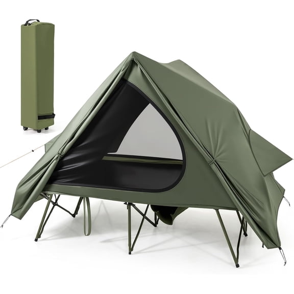 2 in 1 Elevated Camping Tent Cot for 2 Person, Portable Off Ground Waterproof Sleeping Canopy w/ Wheeled Bag Rainfly Stakes Wind Ropes for Outdoor Travel