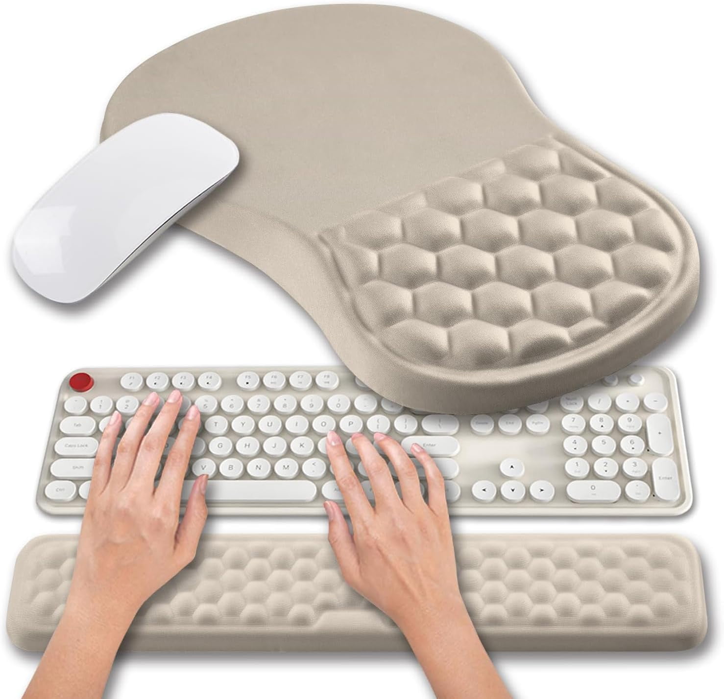 2 in 1 Ergonomic Mouse Pad Wrist Support & Wrist Rest for Computer Keyboard Set, with Relieve Carpal Tunnel Pain Massage Bulge and Full Memory Gel Design (2In1 Set - Apricot)