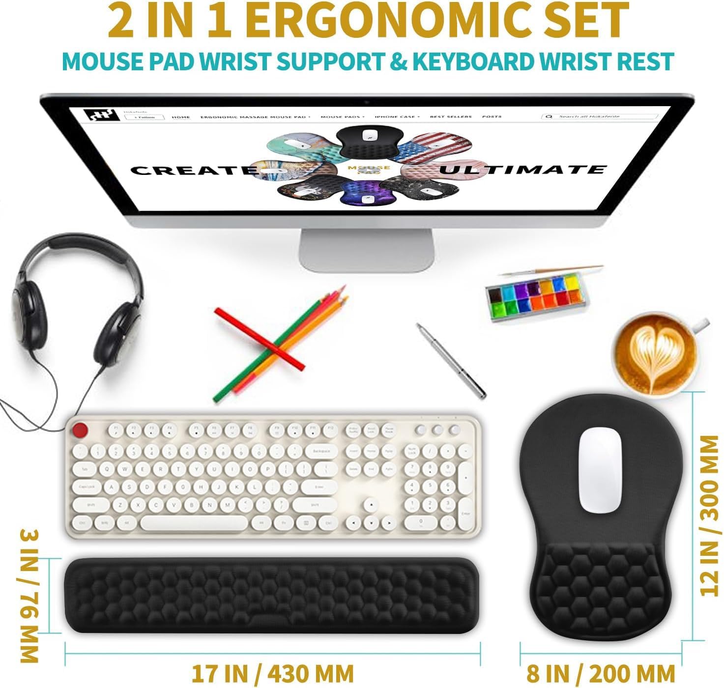 2 in 1 Ergonomic Mouse Pad Wrist Support & Wrist Rest for Computer Keyboard Set, with Relieve Carpal Tunnel Pain Massage Bulge and Full Memory Gel Design (2In1 Set, Black)