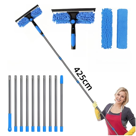 2 in 1 Extendable Window Squeegee Cleaner, Long Telescopic Pole Glass Washing Scrubber with Replacement Microfiber Pads, High Rise Indoor Outdoor Window Washing Tool