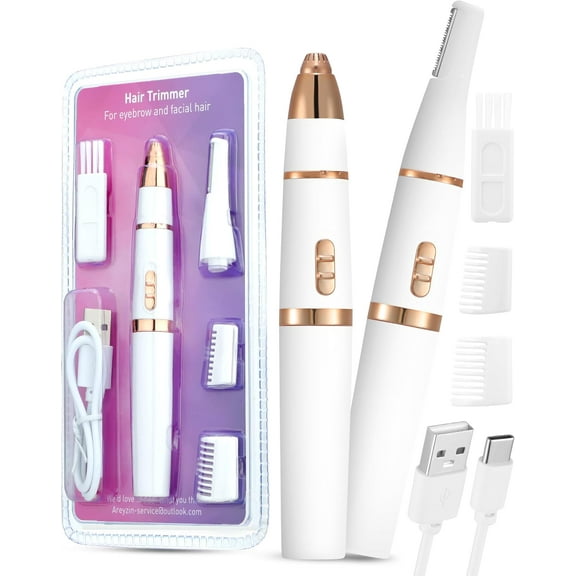 2 in 1 Eyebrow Trimmer for Women, Painless Facial Hair Removal for Women, Rechargeable Eyebrow Epilator Pen for Eyebrow,Ear,Peach Fuzz,Facial,Dual Edge Blades for Easy Cleansing,White