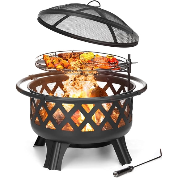 2 in 1 Fire Pit with Cooking Grate 30'' Wood Burning Firepit Outdoor Fire Pits Steel Firepit Bowl Outside with Swivel BBQ Grill, Spark Screen, Poker for Backyard Garden Bonfire PatioFire Pit