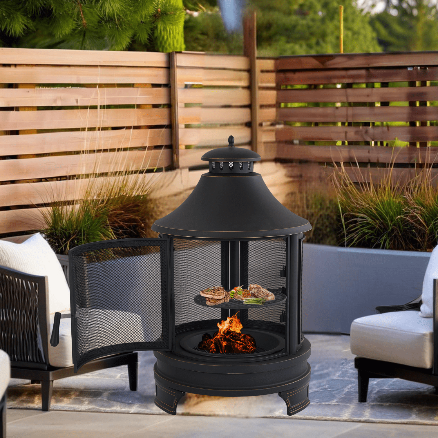 43 Inch Square Wood Burning Fire Pit With Storage - Outdoor Chiminea Fireplace With Spark Screen - Patio & Garden Heating 4 thumbnail image
