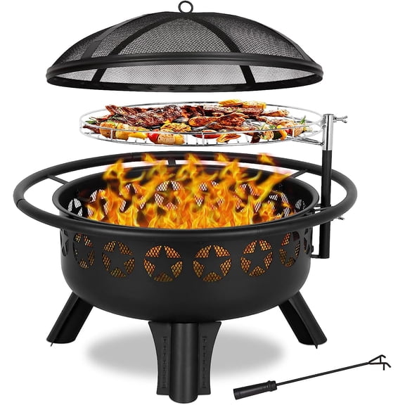 2 in 1 Fire Pit with Grill, Large 31" Wood Burning Fire Pit with Swivel Cooking Grate Outdoor Firepit for Backyard Bonfire Patio Outside Picnic BBQ, with Spark Cover, Fire Poker