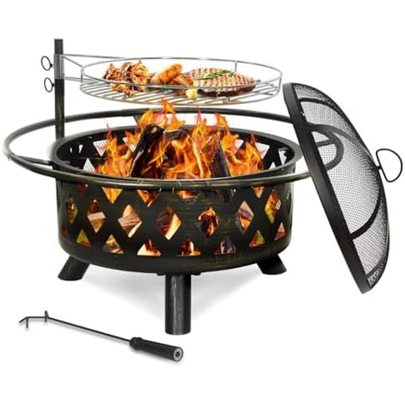 2 in 1 Fire Pit with Grill for Outside Round 30 Inch Outdoor Wood Burning Firepit Large Steel Firepit with Swivel Cooking Grate Lid Poker, BBQ Grill for Backyard Bonfire Patio$$Garden & Patio