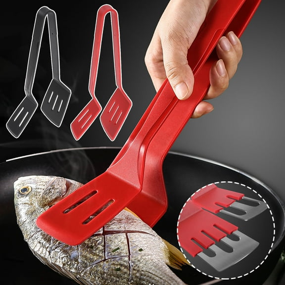 2 in 1 Fish Spatula Tongs, Stainless Steel Hollowed Frying Shovel Clip for Steak and Grilled Meat, Heavy Duty Cooking Tongs for Barbecue, Camping and Picnic