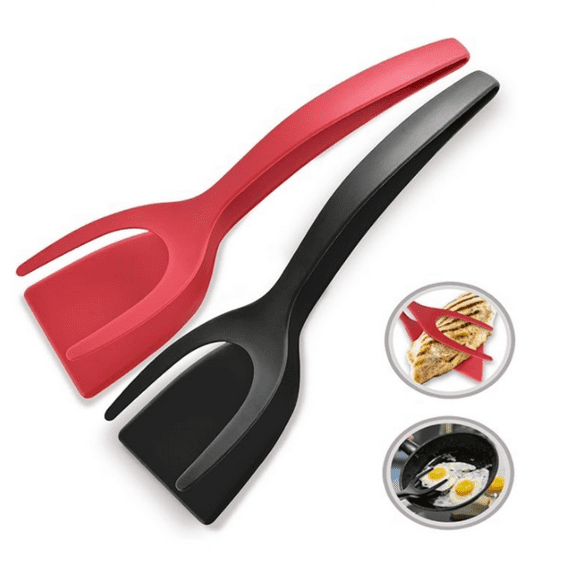 2 in 1 Flipper Spatula with tongs - Nylon Easy Grip Flip Spatula for Hash browns, Burgers, Steaks, French Toast, Omelets, Pancakes - Non-Stick Head, Ergonomic Handle, Withstands High Temperatures