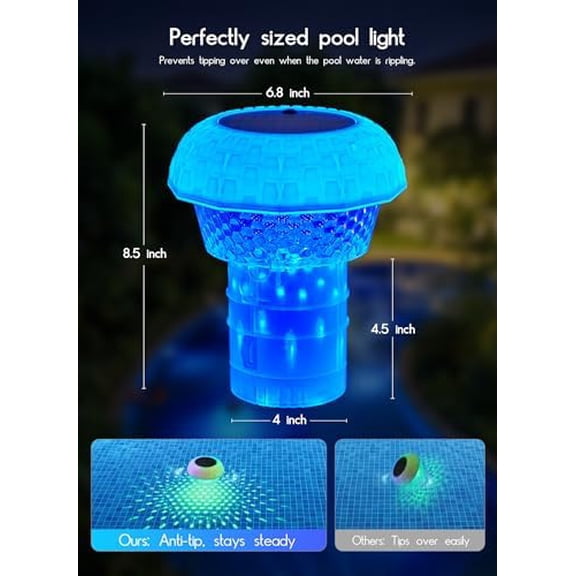 2 in 1 Floating-Pool-Lights-Solar-Powered with Chlorine-Floater, RGBWW-Solar-Pool-Light-Chlorine-Dispenser with 20+ Light Effects, Remote Control, IP68 Waterproof Light for Pools, Hot Tubs, Parties