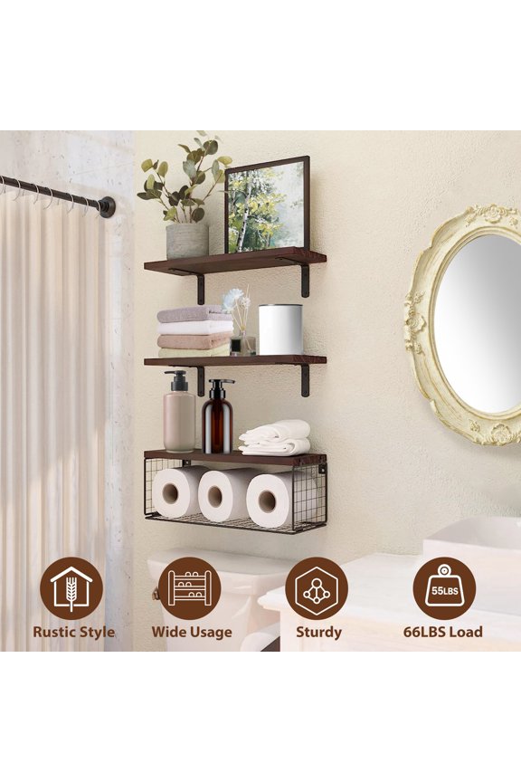 2 in 1 Floating Shelves with Storage Basket 3-Tier Paulownia Wood Wall Shelves Rustic Style 66Lbs Capacity Multifunctional for Bathroom Living Room Bedroom