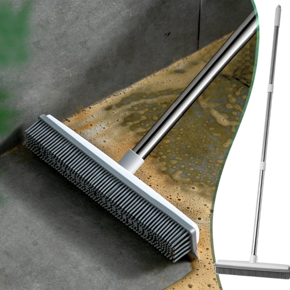 2 in 1 Floor Scrub Brush,Floor Scrubber with Squeegee and Tweezer, Push Broom with Long Handle,Heavy-Duty Stiff 90° Bristle Broom for Patio,Shower, Garage,Deck,Tile, Concrete & Wood Surface