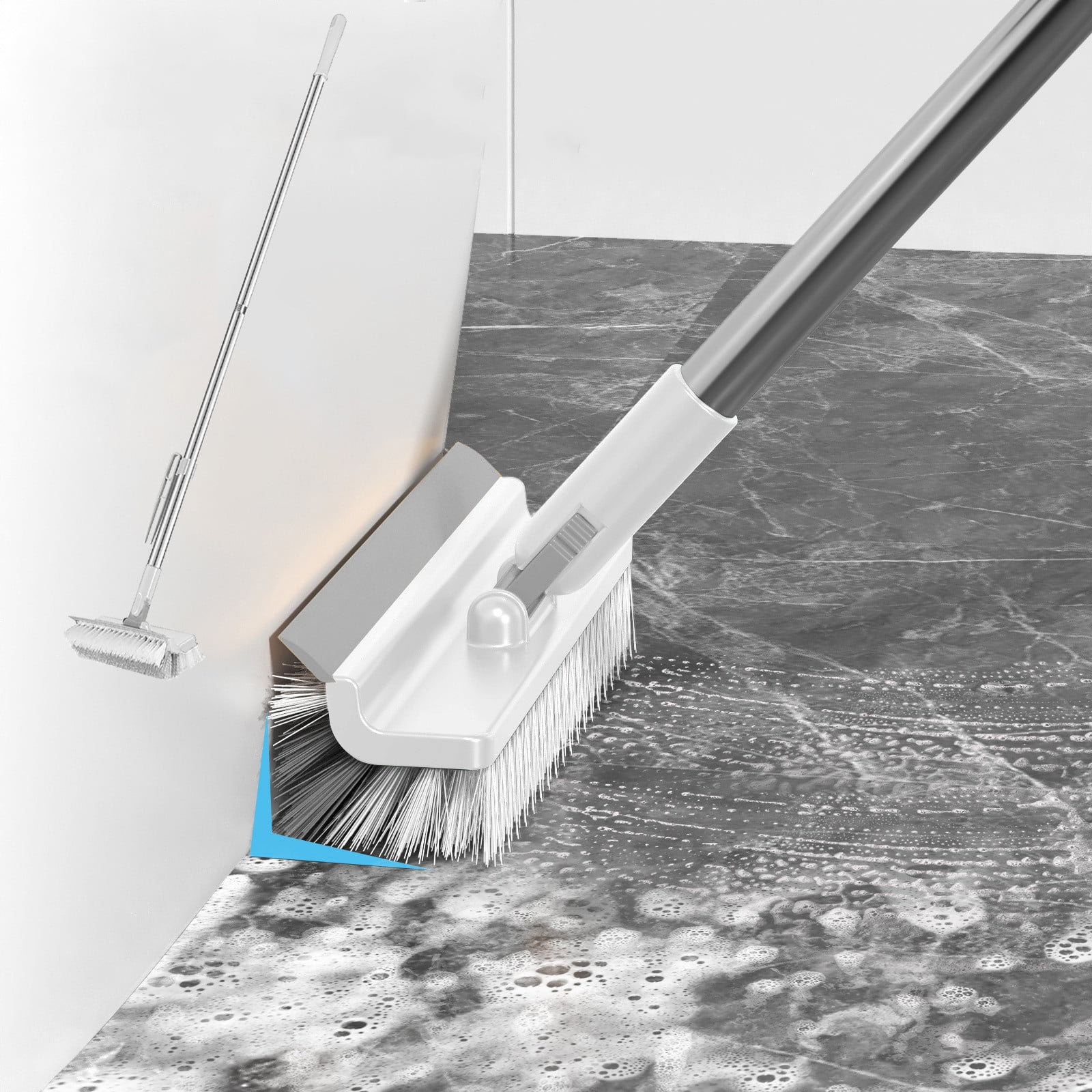 2-in-1 Long Handle Floor Scrubber & Tile Brush With Stiff Bristles & Rubber Squeegee – Adjustable Height, Durable