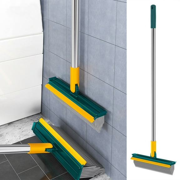 2 in 1 Floor Scrub Brush with Handle V-Shape Stiff Bristle Grout Brush and Squeegee 120 Degree Rotating Head 1 PieceforCleaning Supplies(Green),Ccwuwei