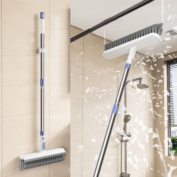 2 in 1 Floor Scrub Brush with Handle | V Shape Stiff Bristles Grout Brush & Squeegee | 180° Rotating Head | Heavy Duty Plastic | White | 44" x 8.6" | Cleans Tile, Corners, Walls Efficiently