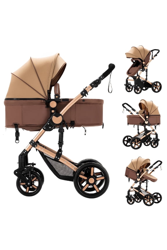 2 in 1 Foldable Baby Stroller All-Terrain Stroller,Convertible Reversible Folding Bassinet Pram with Cup Holder,Portable Travel Stroller for Newborns to Toddlers,Magnesium Alloy,26 pounds,Khaki