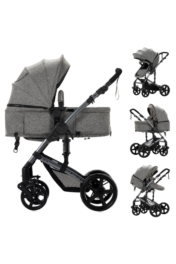 2 in 1 Foldable Baby Stroller All-Terrain Stroller,Convertible Reversible Folding Bassinet Pram with Cup Holder,Portable Travel Stroller for Newborns to Toddlers,Magnesium Alloy,26 pounds,Unisex Grey