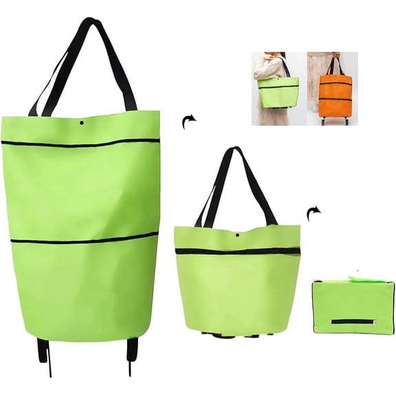2 in 1 Foldable Shopping Cart,2023 New Foldable Shopping Bag Carts with Wheels,Portable Rolling Tote Shopping Bag with Wheels,Waterproof Trolley Collapsible Grocery Shopping Tote Bag Cart (A GREEN)