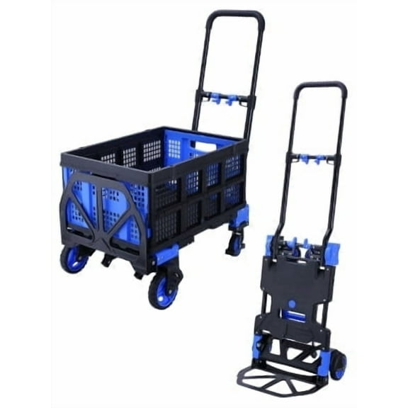 2 in 1 Folding Hand Truck Dolly with Folding Basket, 330LBS Capacity Moving Cart with Wheels, Multifunctional Platform Truck, Hand Truck Foldable with 4 Wheels and Retractable Handle, Blue