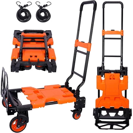 2 in 1 Folding Hand Truck, Dolly Luggage Cart with Wheels & 2 Hooked Elastic Ropes, Portable Utility Collapsible Dolly Cart, Retractable Handle Trolley Cart for Moving, Office