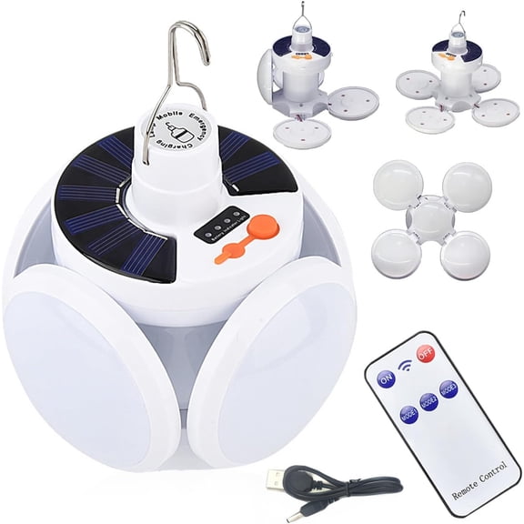 2 in 1 Folding Solar Lamp with Remote Control,Portable Football Camping Lights,Foldable LED Lantern with Hook,5-Gear Adjustament Outdoor Solar Power and USB Charging Battery Tent Light Bulb(1PC)