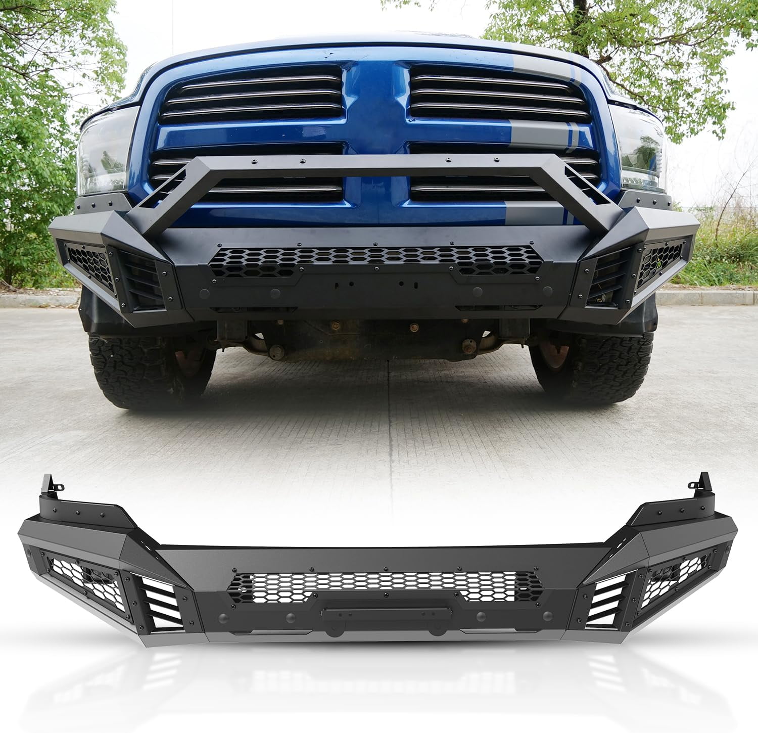 2 IN 1 Front Bumper for 2013-2018 Dodge RAM 1500 Pickup Truck(Excluding Rebel)/2019-2023 Ram 1500 (Exculding Warlock) Heavy Duty Steel Bumper w/2*Side Wings​