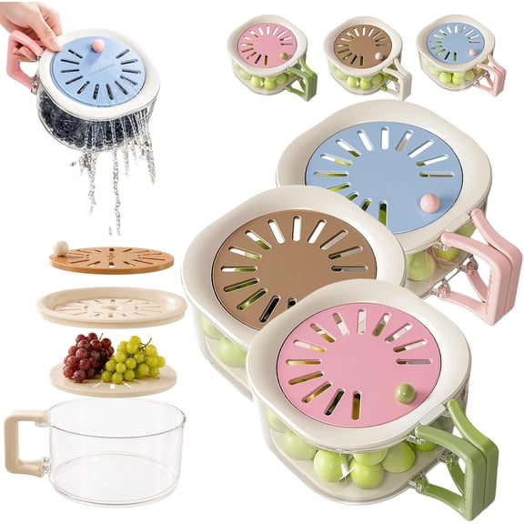 2 In 1 Fruit Strainer Container with Lid, 2027 Upgraded Fruit Washing Bowl with Strainer, Foldable Handle Drain Basket, Kitchen Colander for Food Wash & Storage (3B)