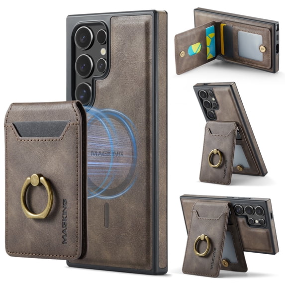 2 in 1 Function Detachable Magnetic Phone Cases Compatible with Samsung Galaxy S25 Ultra Case with Card Holder Ring, Compatible with Magsafe Wallet, Slim Fit PU Leather Men RFID Blocking, Coffee