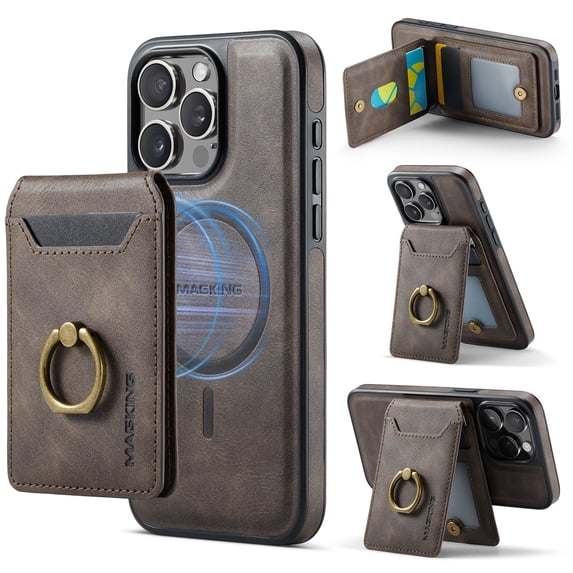 2 in 1 Function Detachable Magnetic Phone Cases Compatible with iPhone 16e Case with Card Holder Ring, Compatible with Magsafe Wallet, Slim Fit PU Leather Men RFID Blocking, Coffee