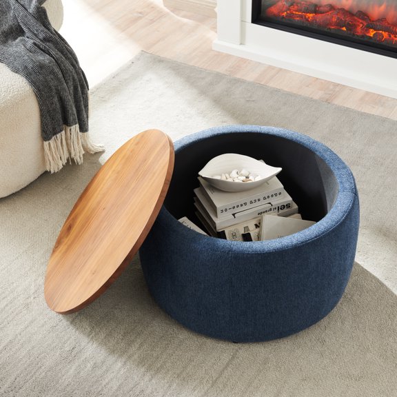 2 in 1 Function Round Storage Ottoman, Upholstered Coffee Table with Wooden Lid, Work as Side Table & Footstool & Seat for Living Room Bedroom, (25.5"x25.5"x14.5"), Navy