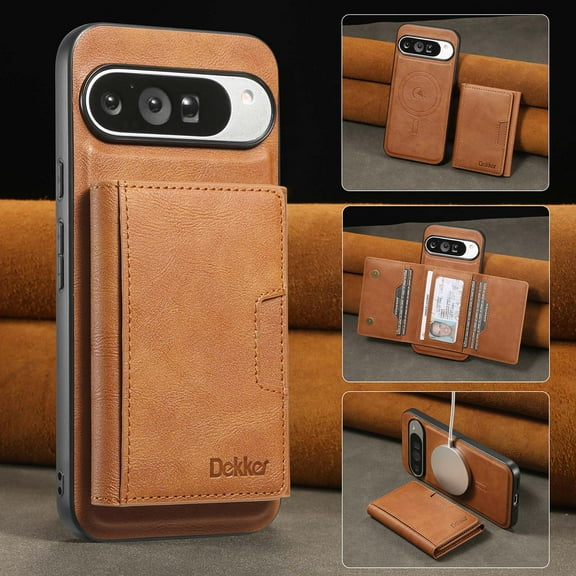 2 In 1 Function Wallet Case for Google Pixel 9 / 9 Pro Compatible with MagSafe for Men Women, Detachable Magnetic Wallet Phone Case with Card Slots Holder, Support Magnetic Car Mount - Brown
