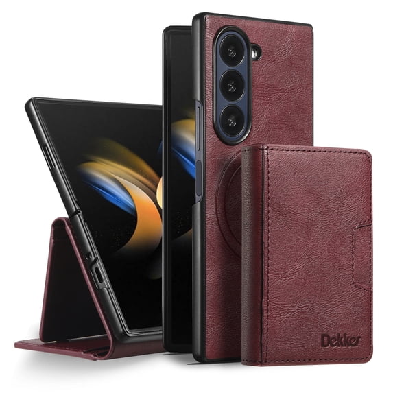 2 In 1 Function Wallet Case for Samsung Galaxy Z Fold 5 Compatible with MagSafe for Men Women, Detachable Magnetic Wallet Phone Case with Card Slots Holder, Support Magnetic Car Mount - Winered