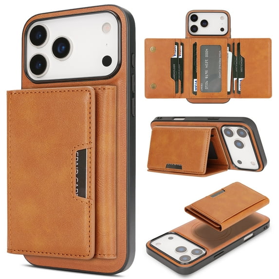 2 In 1 Function Wallet Case for iPhone 17 Pro Compatible with MagSafe for Men Women, Detachable Magnetic Wallet Phone Case with Card Slots Holder, Support Magnetic Car Mount - Brown