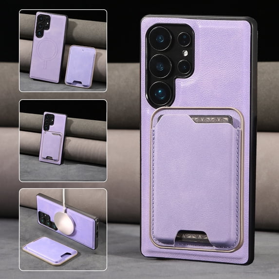 2 In 1 Functuon Case for Samsung Galaxy S23 Ultra, PU Leather Detachable Magnetic Card Bag, Support Magnetic Wireless Charger, Shockproof Protective Lightweight Phone Cover for S23 Ultra, Purple