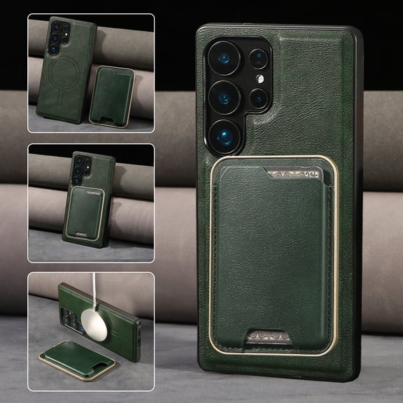 2 In 1 Functuon Case for Samsung Galaxy S25, PU Leather Detachable Magnetic Card Bag, Support Magnetic Wireless Charger, Shockproof Protective Lightweight Phone Cover for S25, Green