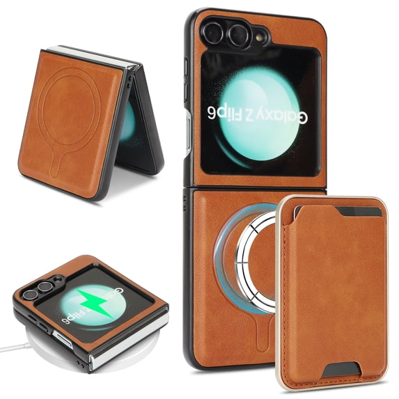 2 In 1 Functuon Case for Samsung Galaxy Z Flip 5, PU Leather Detachable Magnetic Card Bag, Support Magnetic Wireless Charger, Shockproof Protective Lightweight Cover for Galaxy Z Flip 5, Brown