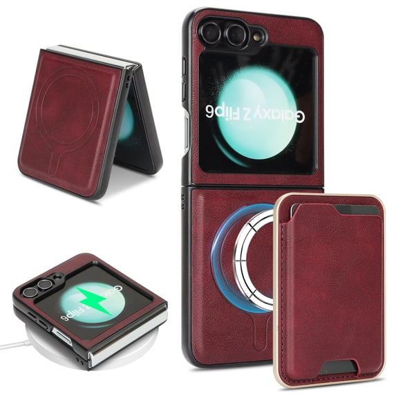 2 In 1 Functuon Case for Samsung Galaxy Z Flip 5, PU Leather Detachable Magnetic Card Bag, Support Magnetic Wireless Charger, Shockproof Protective Lightweight Cover for Galaxy Z Flip 5, Winered