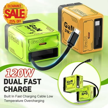 2 in 1 Gan Charger 120 Watt Retractable Charger with Type C Cable And Usb Ports Portable Fast Charging Wall Plug Scalable Fast Charger Module for Phone And , Ihhxbz | Plastic, Green
