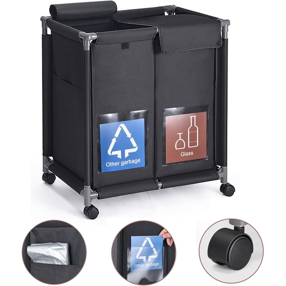 2 in 1 Garbage Recycle Sorting Basket,2 Cover Top Compartments with Wheels,2 Front Transparent Display Pockets 110L Large Capacity Perfect for Kitchen Office