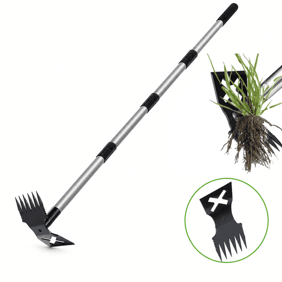 2 in 1 Garden Weeding Tool with 60 Inch Long Handle, Heavy Duty Steel Head Manual Weed Puller, Multifunctional Weed Rake & Hoe for Yard Lawn Patio Driveway, Great for Root Removal and Soil Loosening
