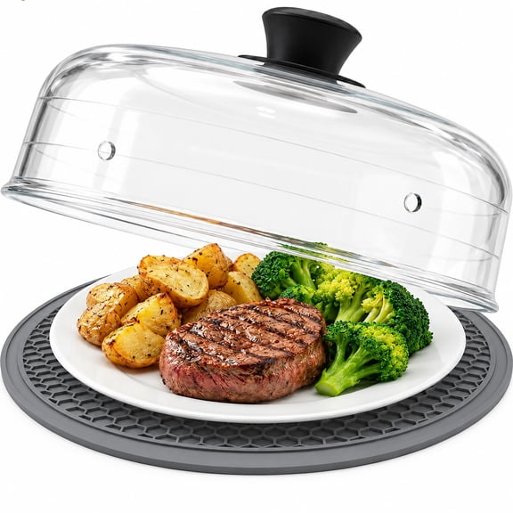 2 in 1, Glass Microwave Splatter Cover for Food & Silicone Placemat, Vented Plate & Dish Cover, BPA Free Glass Splatter Guard Lid, Trivet Pot Holders for Kitchen, Grey, Knox Home & Health