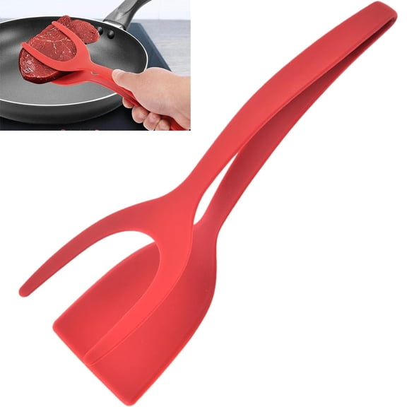 2 in 1 Grip and Flip Spatula Tongs Egg Flipper Tong Fried Egg Double Spatula, Non-Stick Food Clip Egg Turner Pancake Fish French Toast Omelet Making for Home Kitchen Cooking Tool (red)