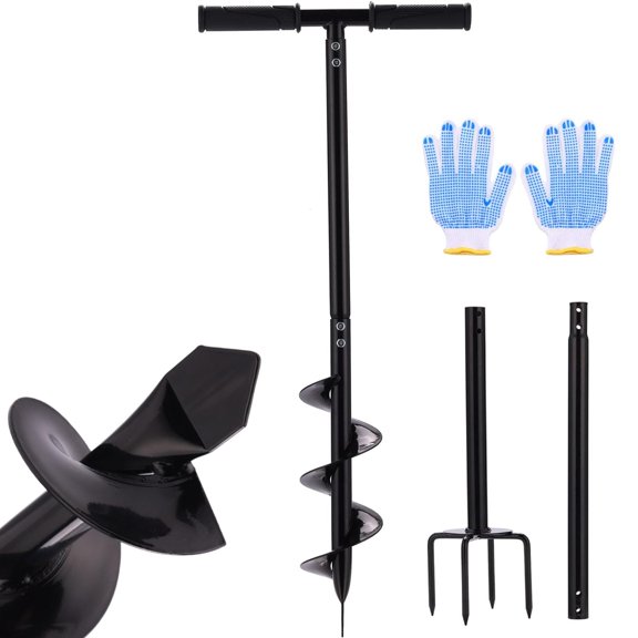 2 in 1 Hand Auger Spiral Drill, 4 x 44.5inch Post Hole Digger for Planting | Manual Garden Spiral Hole Digging Drill with Non-Slip Handle, for Tree, Mail Box, T-shaped Digger & Hand Tiller & Gloves