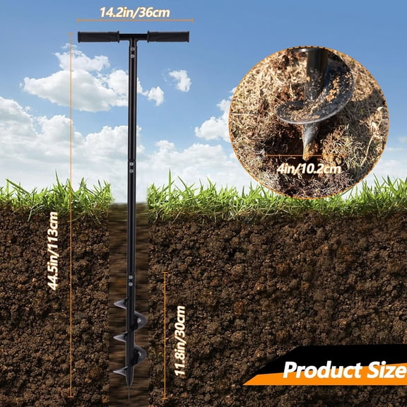 2 in 1 Hand Auger Spiral Drill for Planting, 4 X 44.5inch Post Hole Digger Manual Auger for Fence Posts, Sand, Bulb, Seedlings, Tree, Mail Box, Manual Garden Spiral Hole Digging Drill with Non-Slip