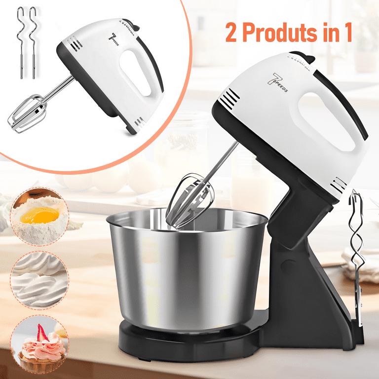 2 in 1 Hand Mixer Kitchen Electric Stand mixer with bowl 1.7L 7 Speed Stand Mixer Lightweight Handheld Whisk for Blend Whip and Knead For Kitchen